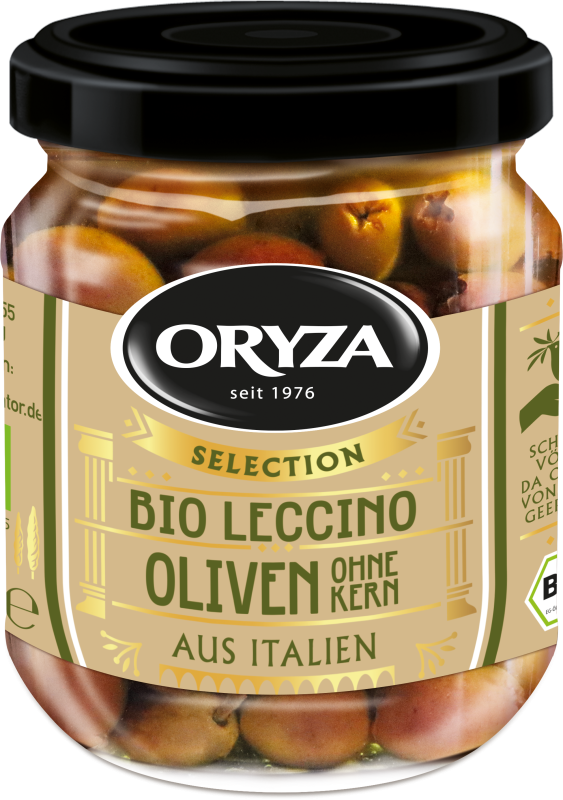 ORYZA Selection Bio Leccino Oliven ohne Kern in Olivenöl 180g